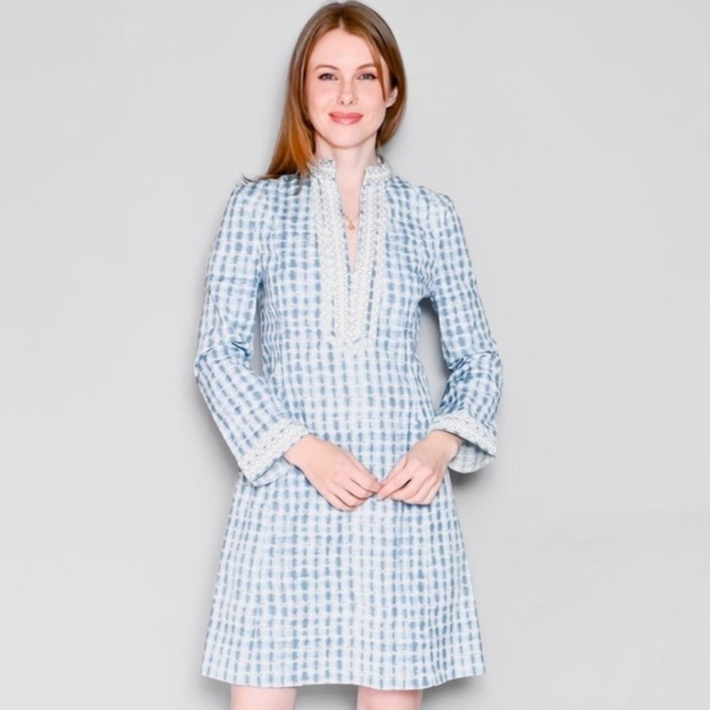 Tory Burch Coastal Sonda Blue Long Sleeve Embroidered Mini Tunic Dress Size 0